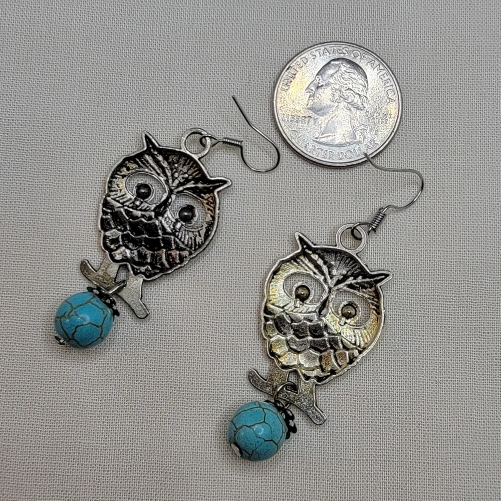 Turquoise Owl Earrings Silver Tone